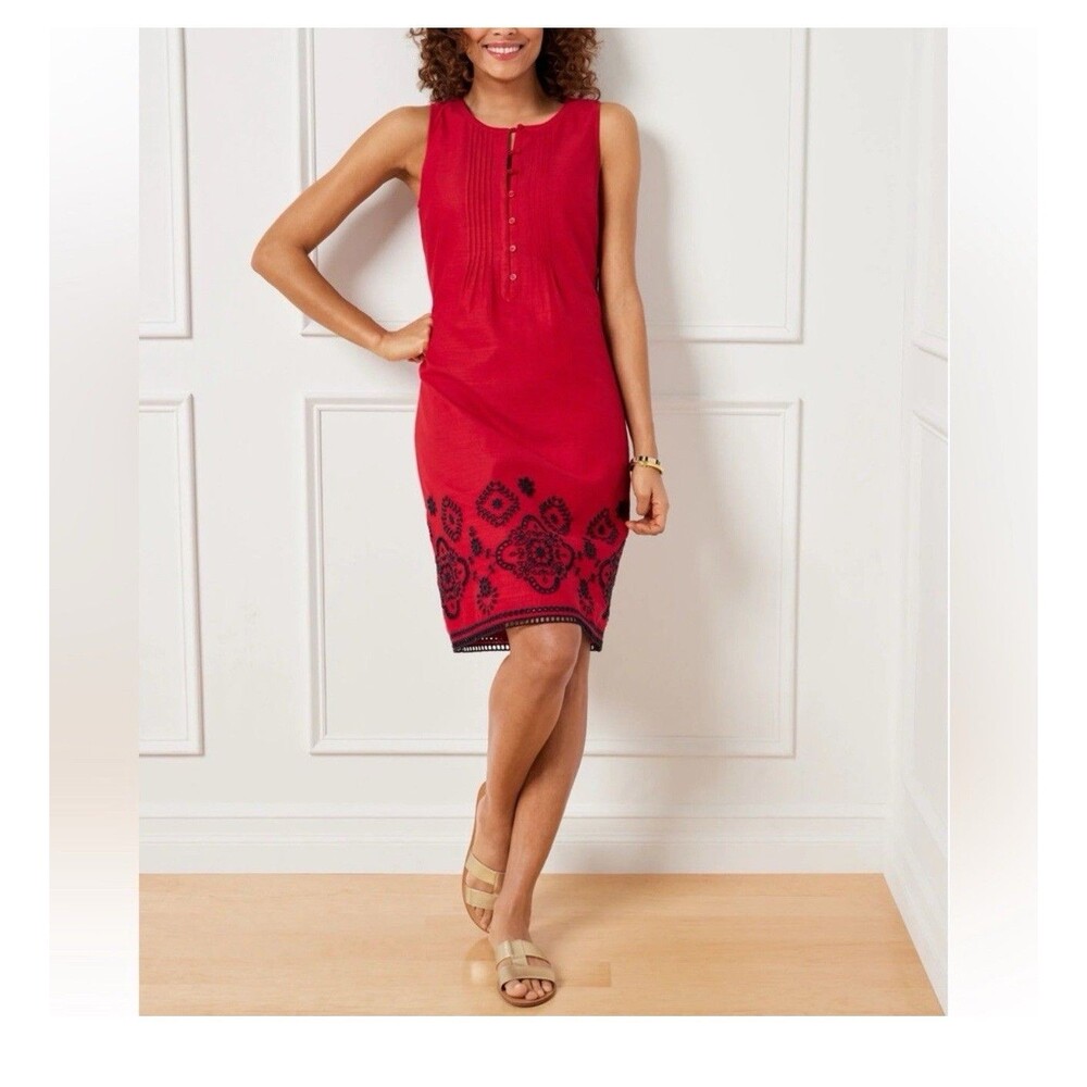 Talbots Red Linen Blend Embroidered Shift Dress Size 6 Sleeveless Pleated Front